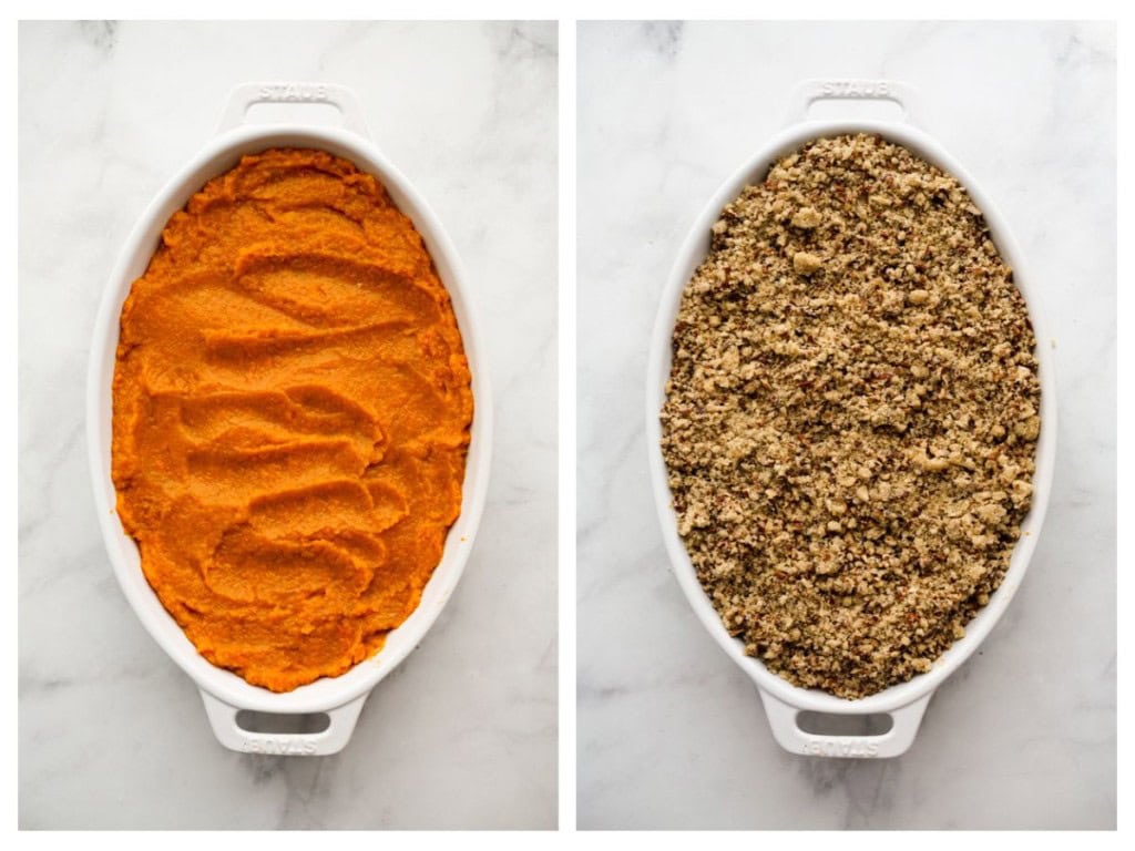 Mashed sweet potatoes in an oval casserole then topped with pecan topping