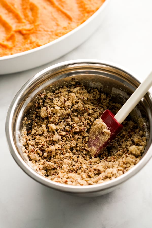 Pecan crumbles in a bowl