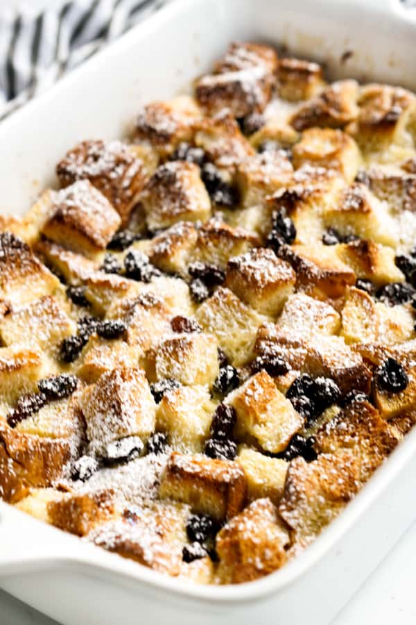 Close up of bread pudding made with brioche and raisins