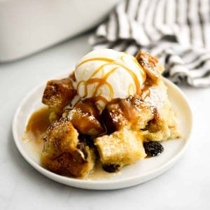 Bread Pudding topped with vanilla ice cream
