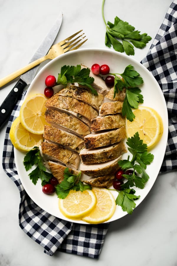 Sliced turkey breast on a platter