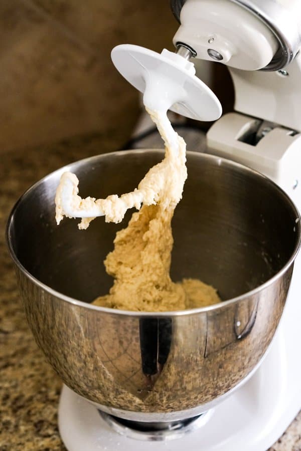 Kneading dough with dough hook on a stand mixer