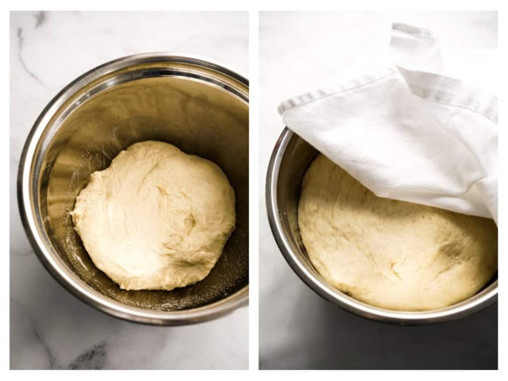 Yeast dough in a mixing bowl before and after rising to double its size