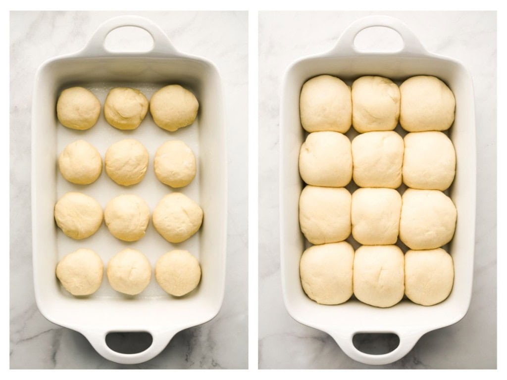 12 dinner rolls dough in ball shape before and after proofing