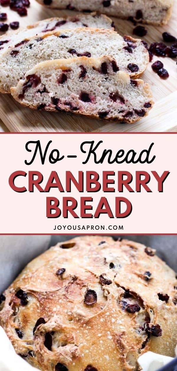 No Knead Cranberry Bread - Crusty on the outside, and soft on the inside, the No-Knead Cranberry yeast bread is festive and perfect for the holidays. Made in the Dutch oven. No-kneading required and so easy! via @joyousapron