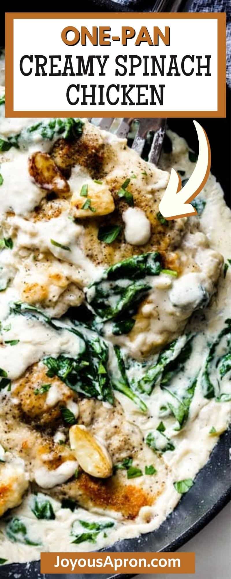 Creamy Spinach Chicken - An easy one-pan skillet chicken recipe for a quick dinner meal! Crispy seasoned chicken coated in creamy garlic spinach sauce. via @joyousapron