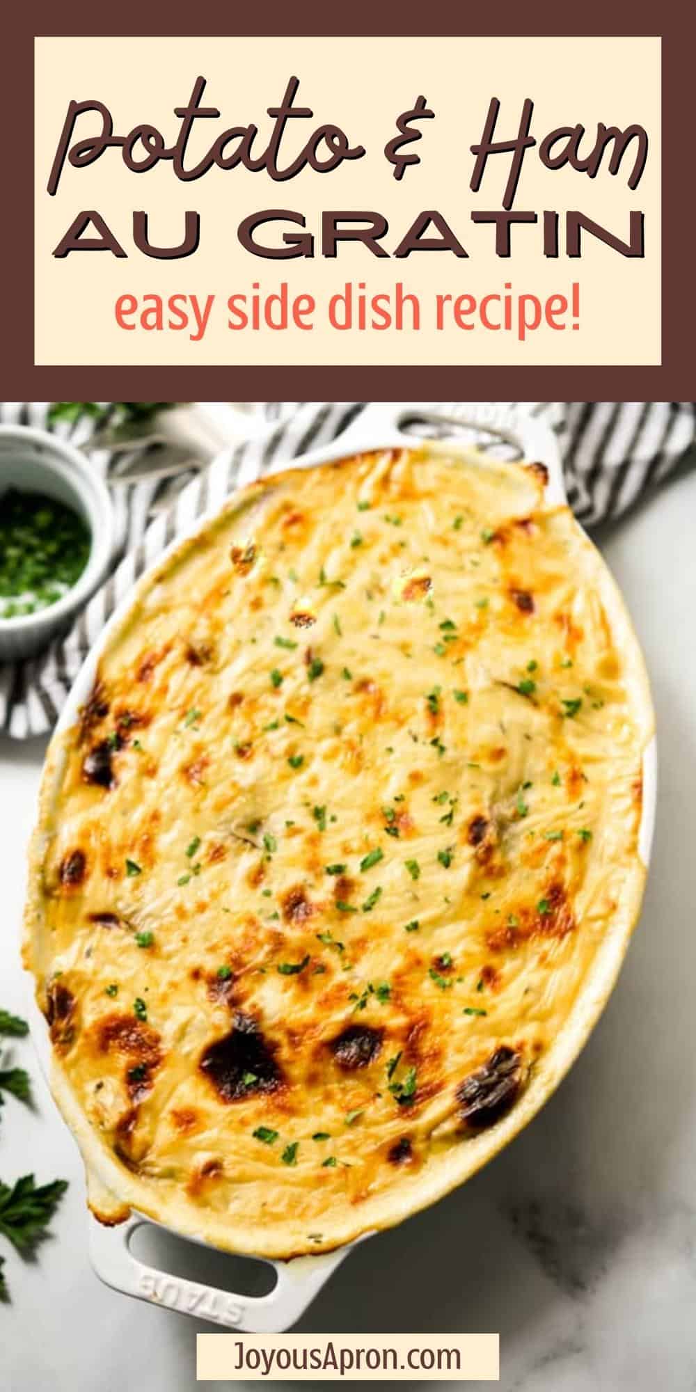 Potato and Ham Au Gratin - Creamy and rich cheesy potatoes layered with ham slices, oven baked to perfection! This delicious comfort food potato casserole dish is perfect for the holidays! via @joyousapron