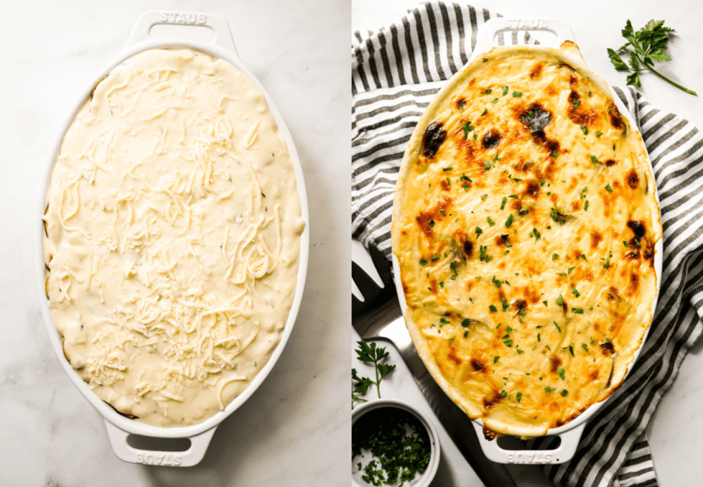 Potato and Ham augratin before and after baking