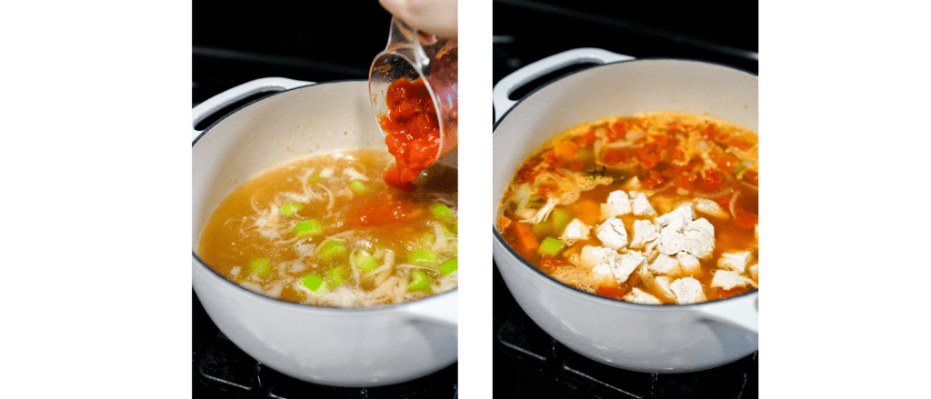 Adding tomatoes and leftover turkey into stew