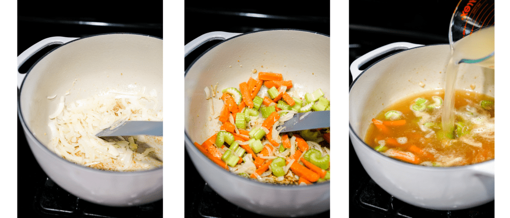 Cooking onions, garlic, carrots, celery in a Dutch oven, then adding chicken broth