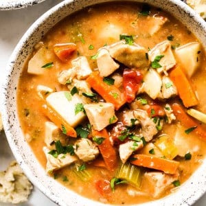 Close up of a bowl of chunky stew