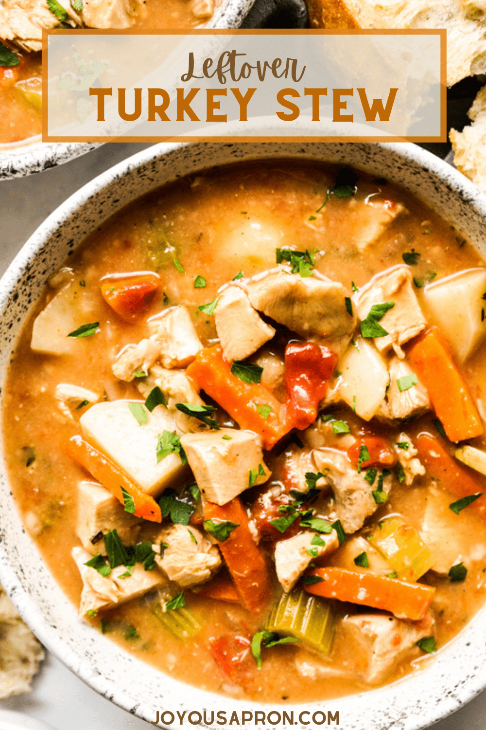 Turkey Stew - leftover turkey soup recipe! Combined with carrots, celery, tomatoes and potatoes for a healthy, warm and hearty meal. Comfort food for the body and soul! via @joyousapron