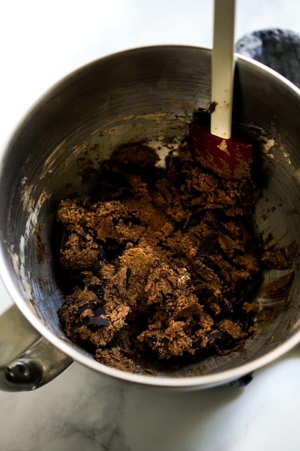 Chocolate cookie dough in a large mixing bowl