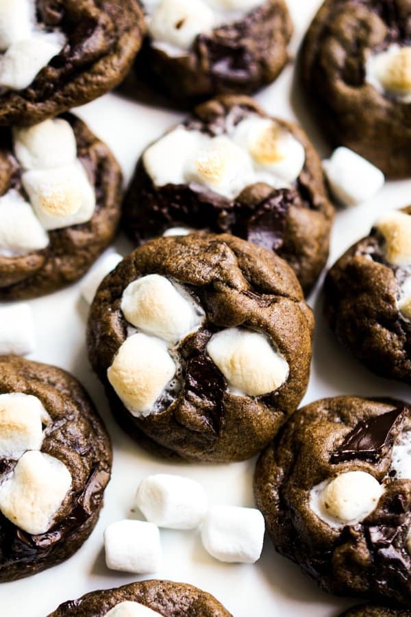 Close up of chocolate cookies topped with marshmallows