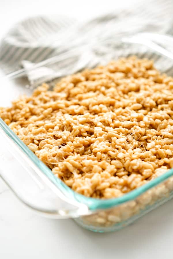 Rice Krispies Treats in a square baking dish
