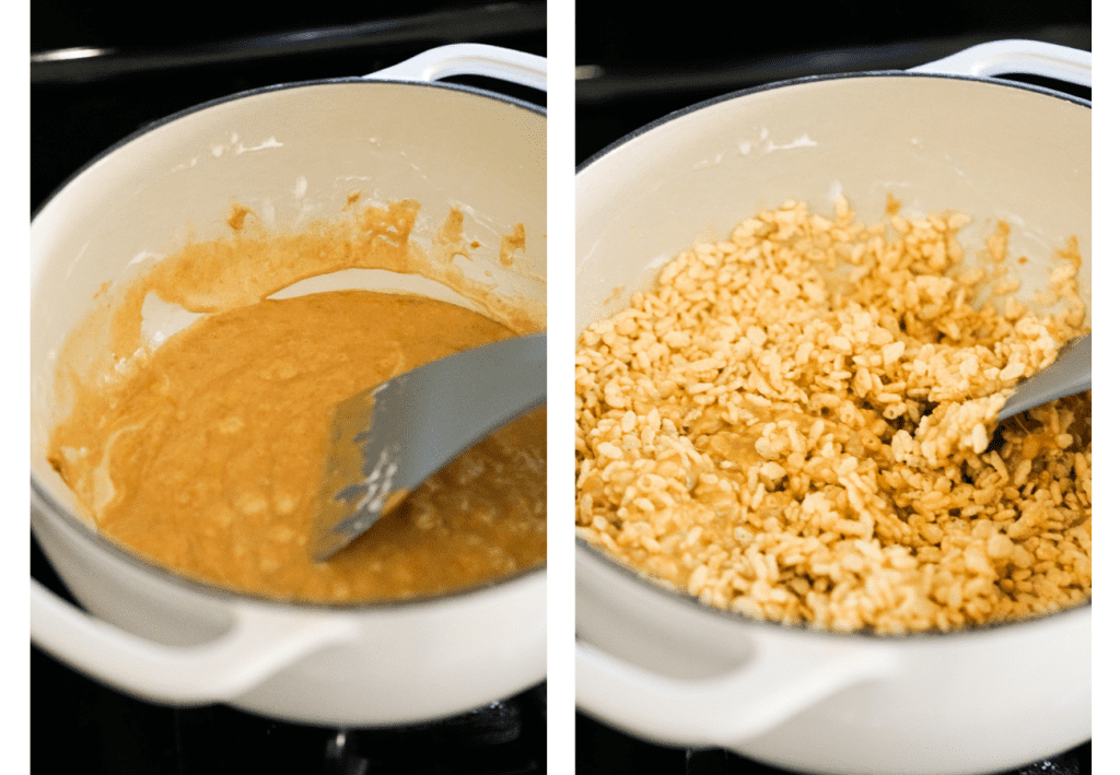 Left picture is a pot with peanut butter and marshmallow mixture in it, and on the right rice krispies were added to the pot