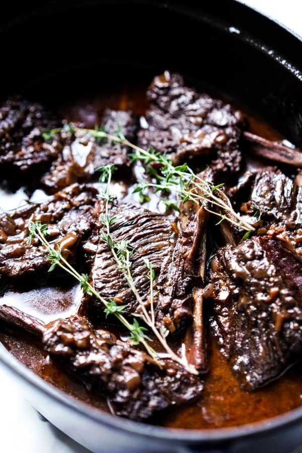 Cooked beef short ribs in Dutch oven