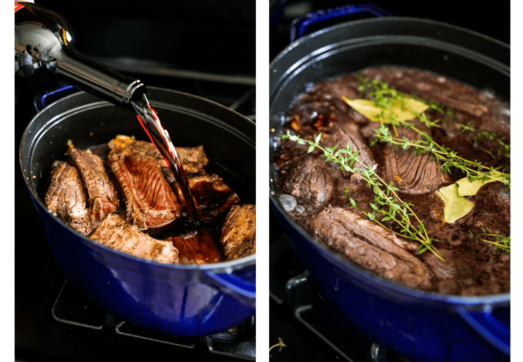 Pouring wine onto Dutch oven filled with short ribs, then add herbs to the top