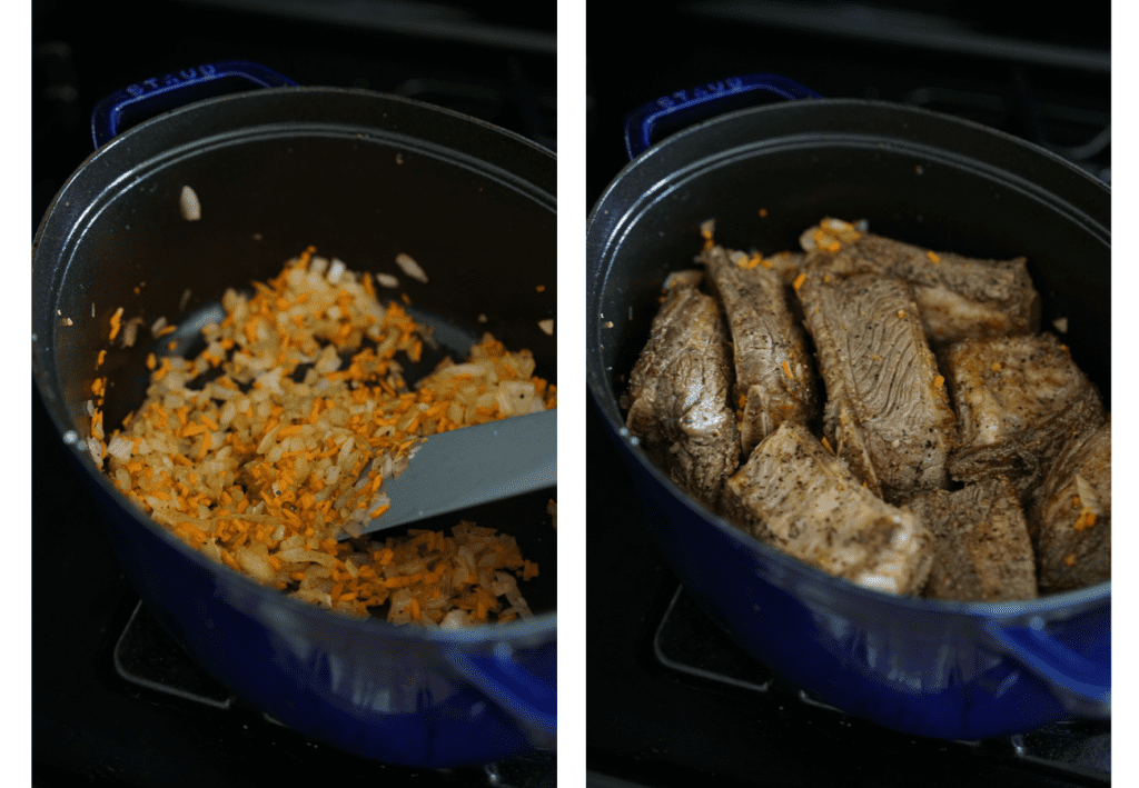 Vegetable sauteed in a Dutch Oven, then beef short ribs are added