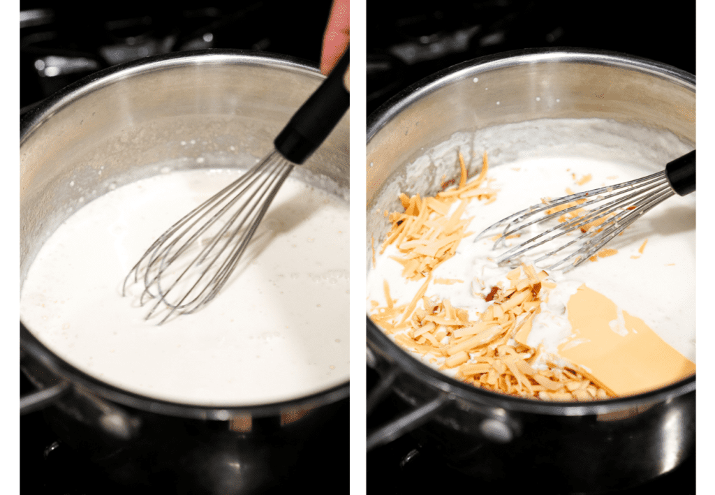 Cooking cheese sauce in a pot with a whisk