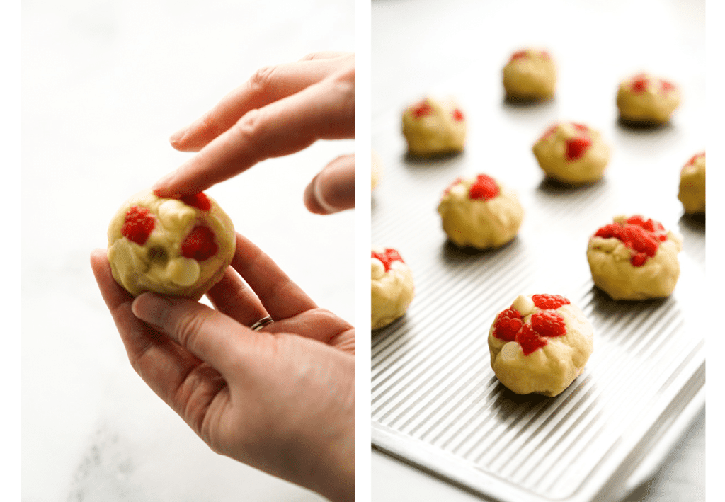 Forming a cookie dough and a handful of round cookie dough on cookie sheet