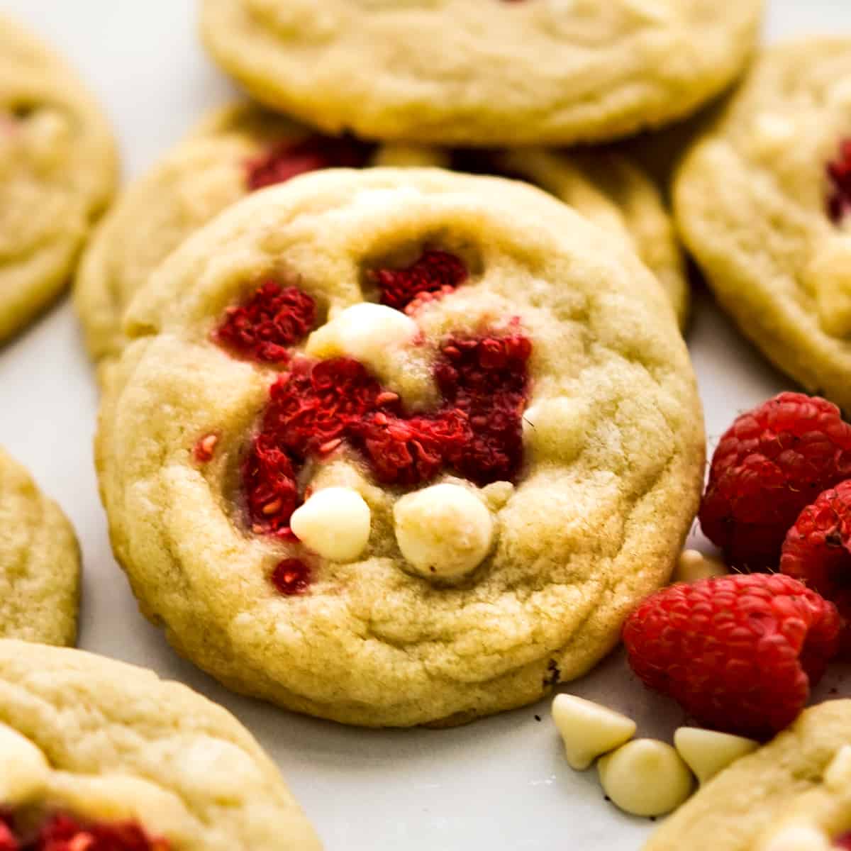 A round cookie filled with white chocolate chips and raspberries