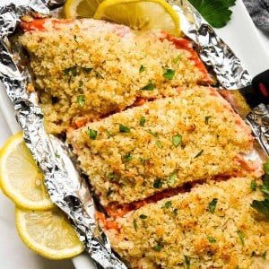 Panko crusted salmon cut into three pieces