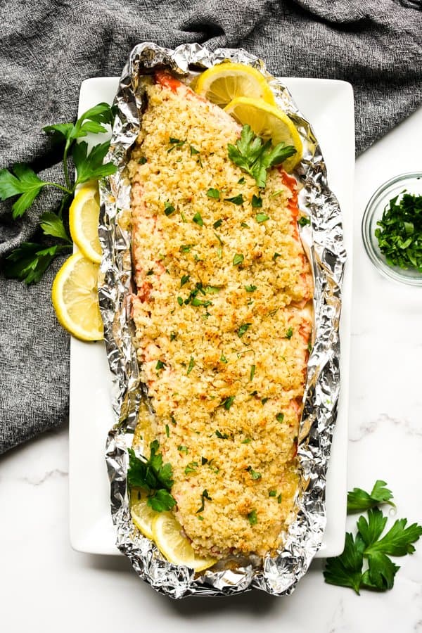 Large piece of Panko Salmon on a rectangular plate