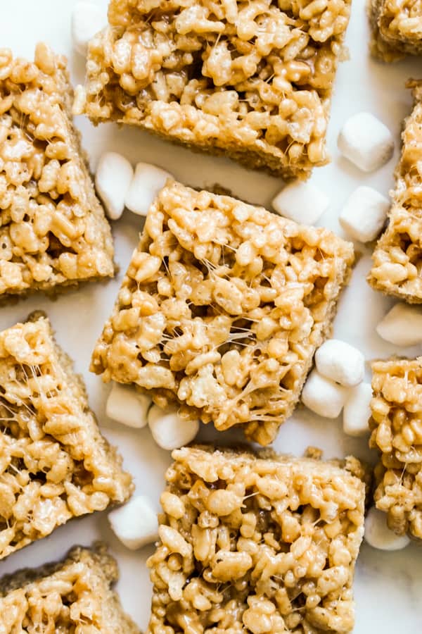 Top down view of a few peanut butter rice krispie treats