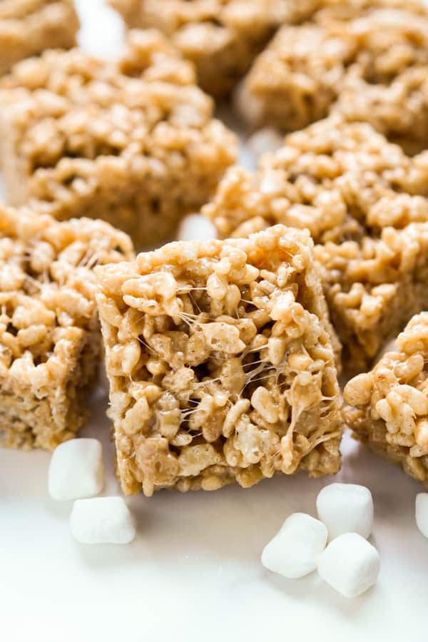 Closeup of a square peanut butter rice krispie treat
