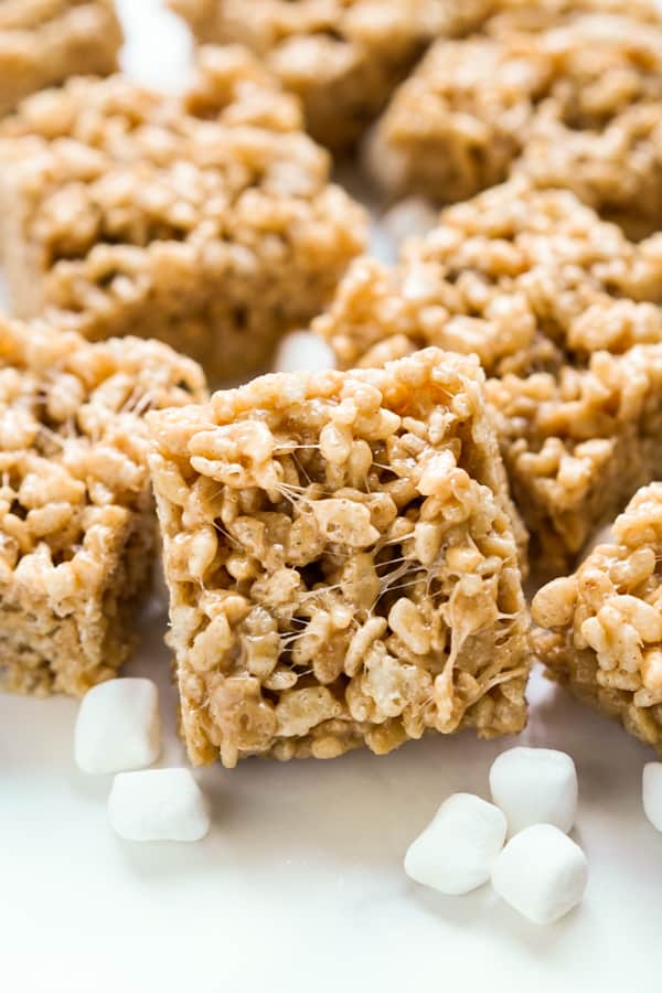 Closeup of a square peanut butter rice krispie treat