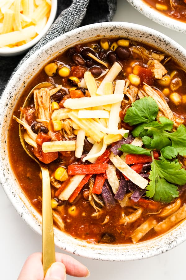 Scooping out a spoonful of soup from a bowl filled with chicken, cheese and tortillas