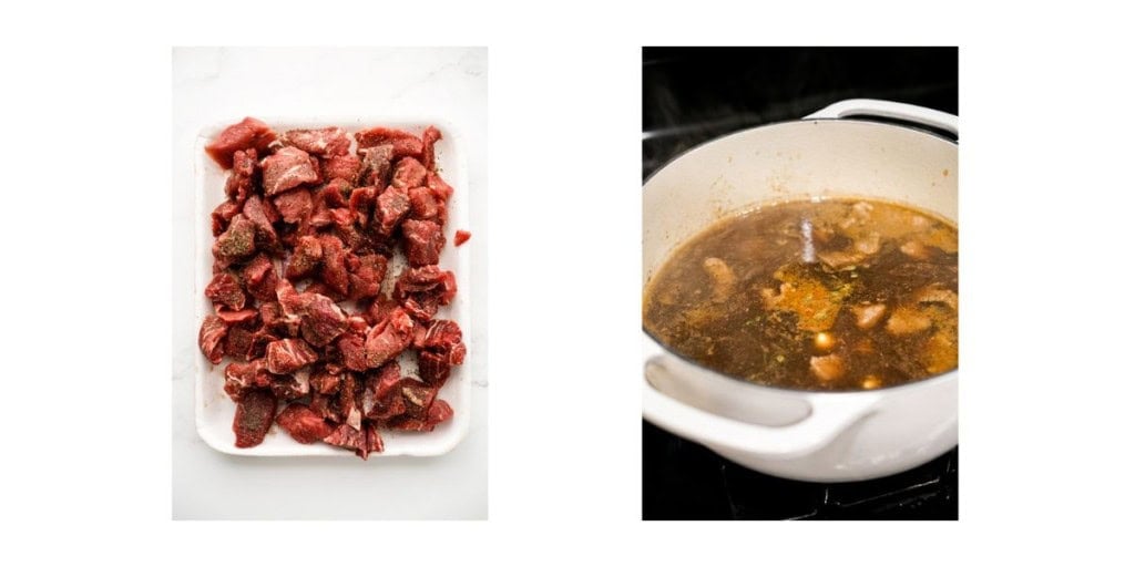 Beef cubes sprinkled with salt and black pepper and a dutch oven with beef broth
