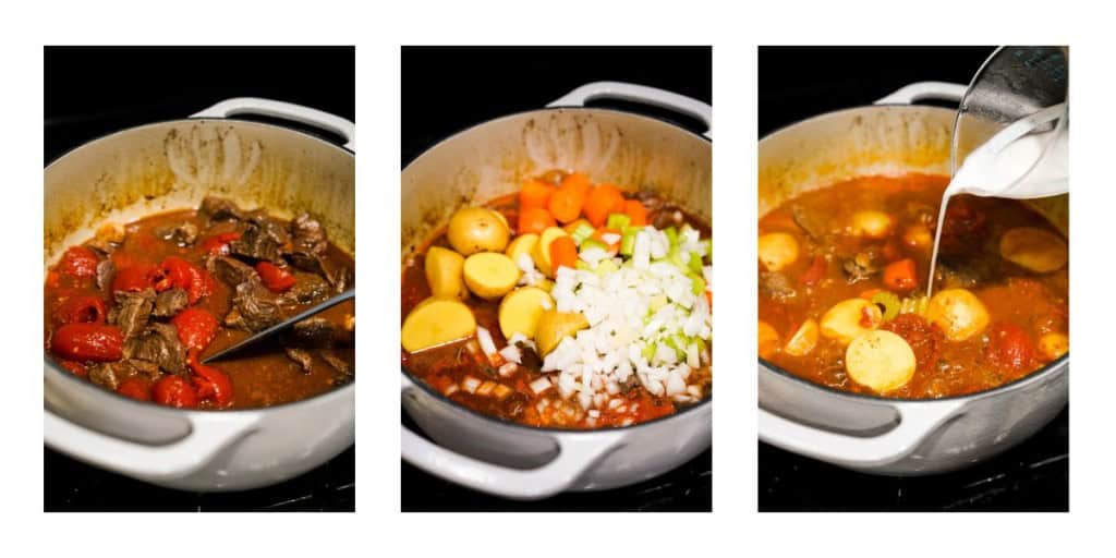 Adding tomatoes, carrots, onions and potatoes to a pot of beef stew, then adding corn starch slurry to thicken it