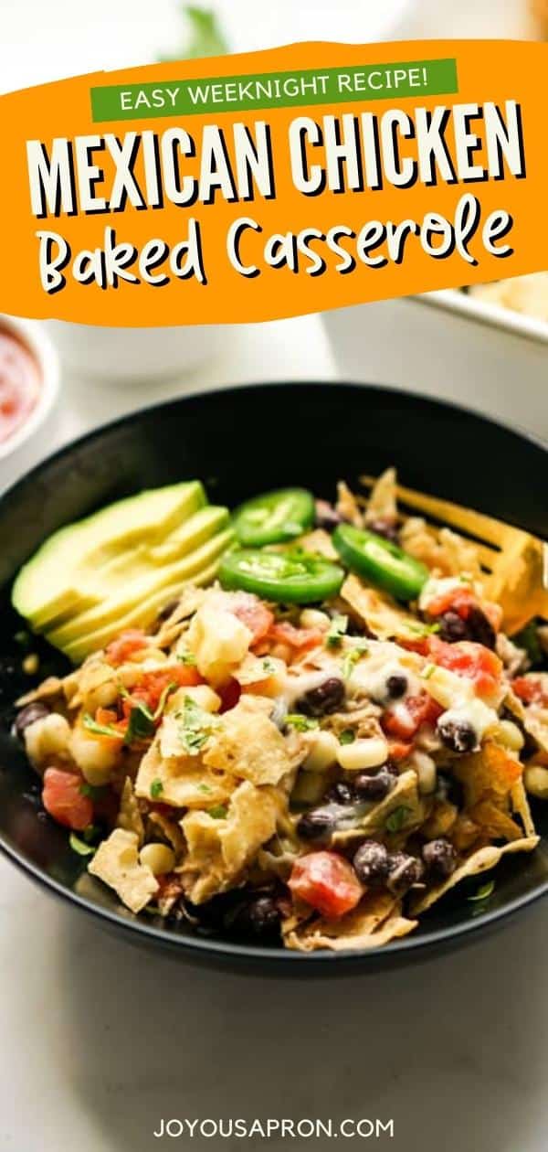 Mexican Chicken Casserole - Easy Mexican casserole recipe with shredded chicken, black beans, Rotel, cheese, tortilla chips, corn. Garnish with cilantro and avocados. Simple and quick one -pan weeknight dinner via @joyousapron