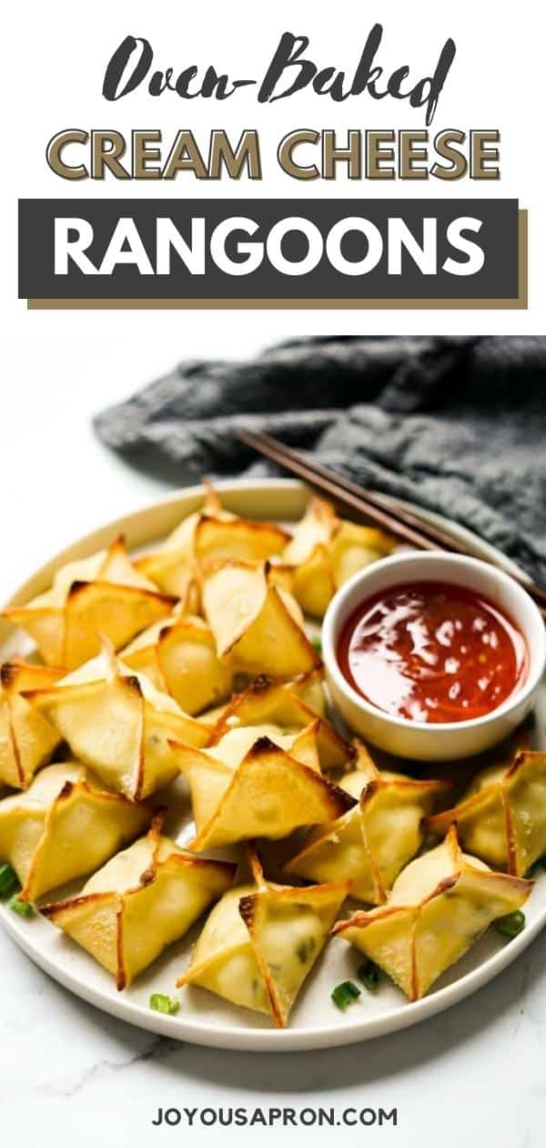 Baked Cream Cheese Wontons (Ragoons) - a classic Chinese American appetizer. Crispy wonton skin wrapped around gooey seasoned cream cheese, dipped in a sweet tangy sauce. via @joyousapron