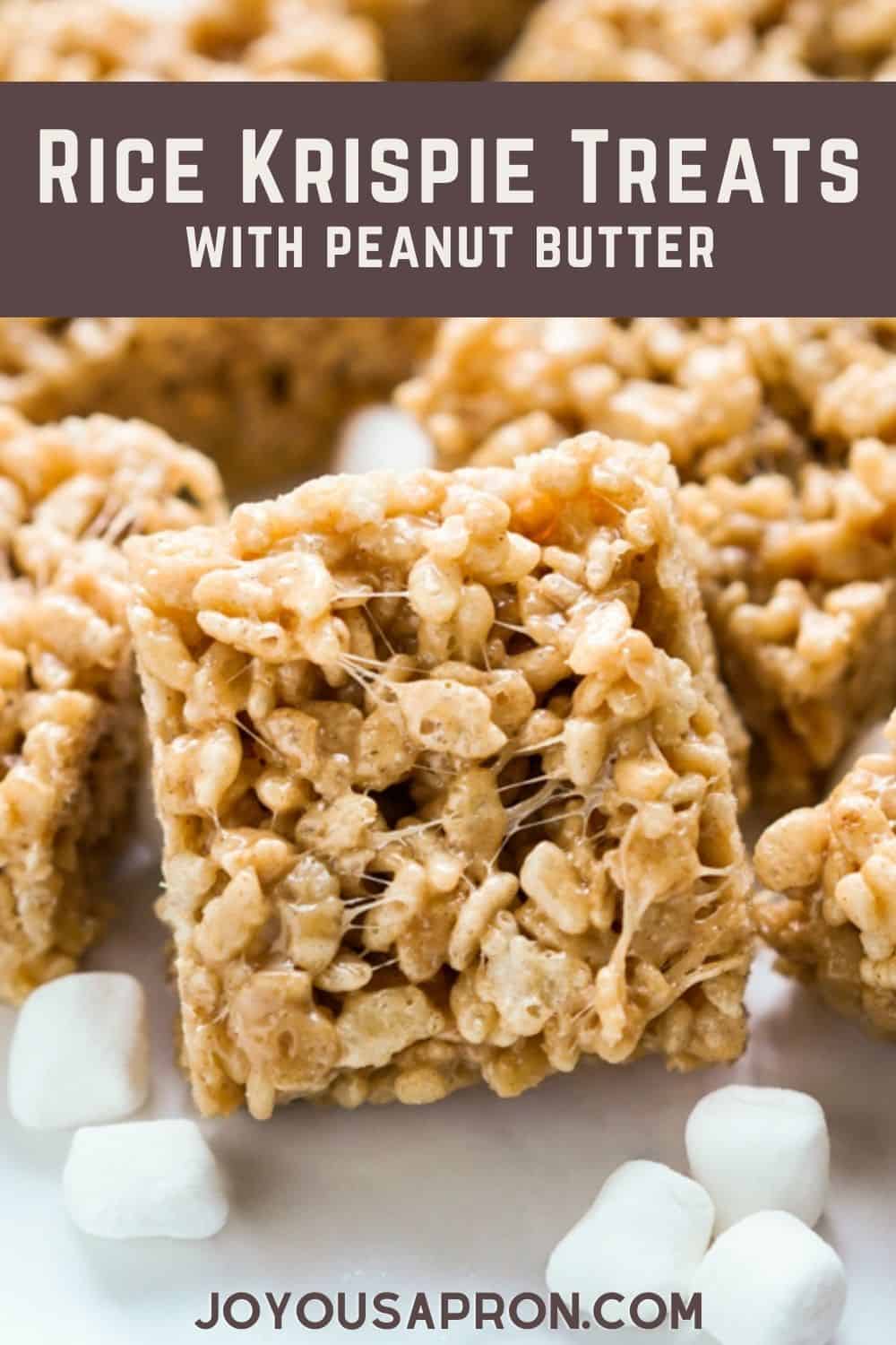 Peanut Butter Rice Krispie Treats - easy cereal treat, great as kid's snacks or dessert! Gooey rice Krispie treats is made with marshmallow and peanut butter. A classic yummy sweet treat! via @joyousapron