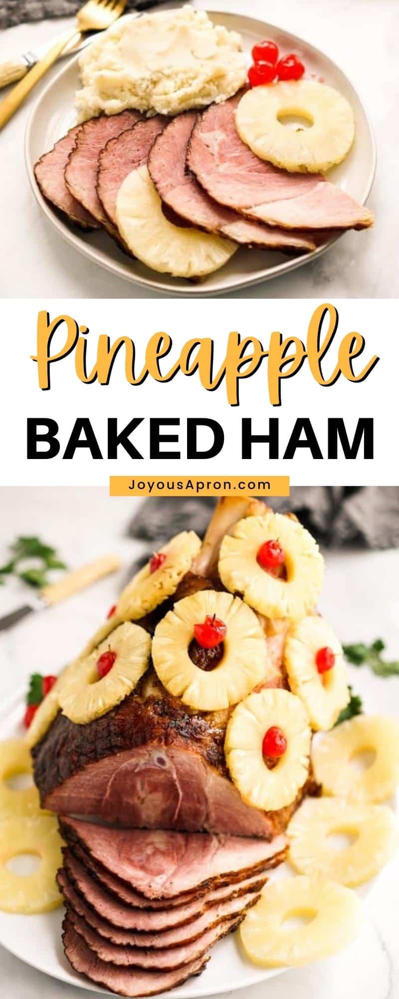Pineapple Baked Ham - Oven baked bone in ham topped with pineapple rings and cherries. Moist, not dry and so juicy. Perfect centerpiece and main dish for Easter and Christmas holidays. via @joyousapron