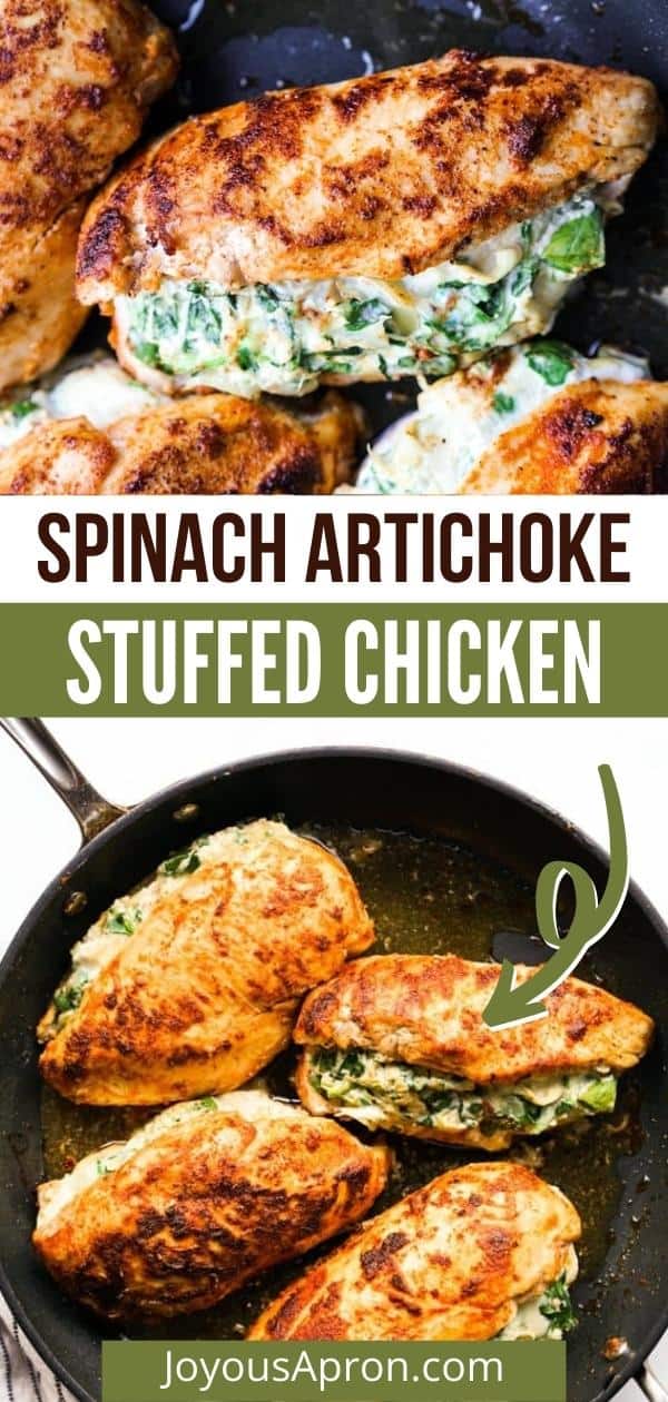 Spinach Artichoke Stuffed Chicken - Oven baked chicken breast is seared on skillet, and stuffed with a creamy and cheesy spinach artichoke dip. Easy and delicious chicken recipe for dinner or entertaining. Hearty and cozy comfort food via @joyousapron