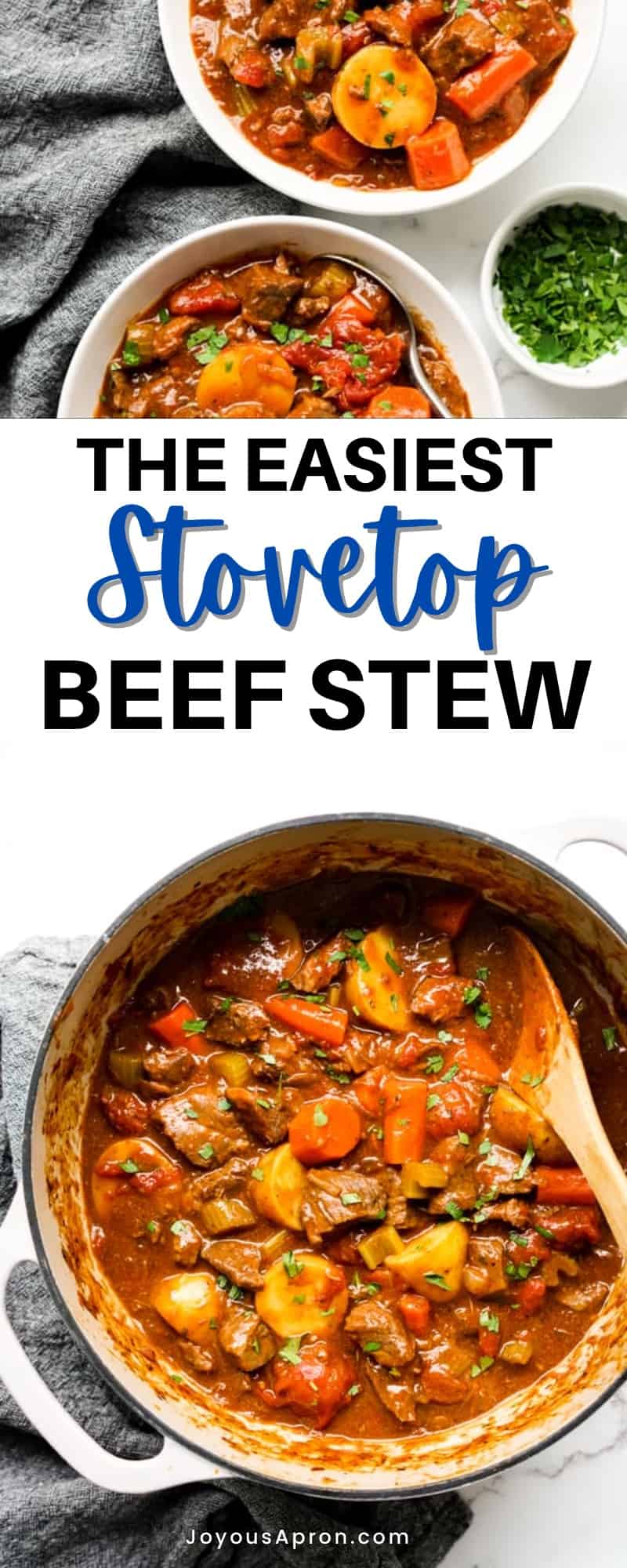 Beef Stew - the BEST easy stove top beef stew in a Dutch Oven. Flavored with red wine and herbs, combined with potatoes, tomatoes and carrots. Comfort food for the Fall and winter, it's the perfect weeknight dinner meal. via @joyousapron