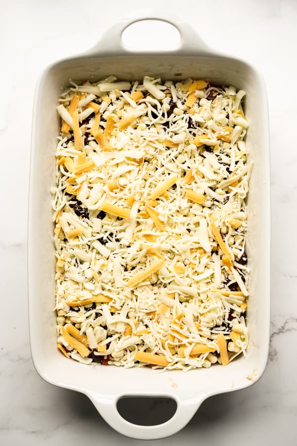 Casserole dish topped with cheese