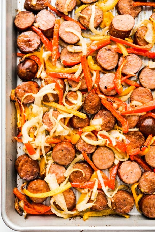 Sausage, peppers and onions on a sheet pan