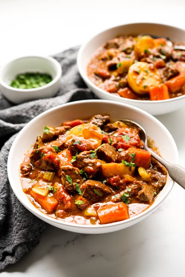 Two bowls of beef stew