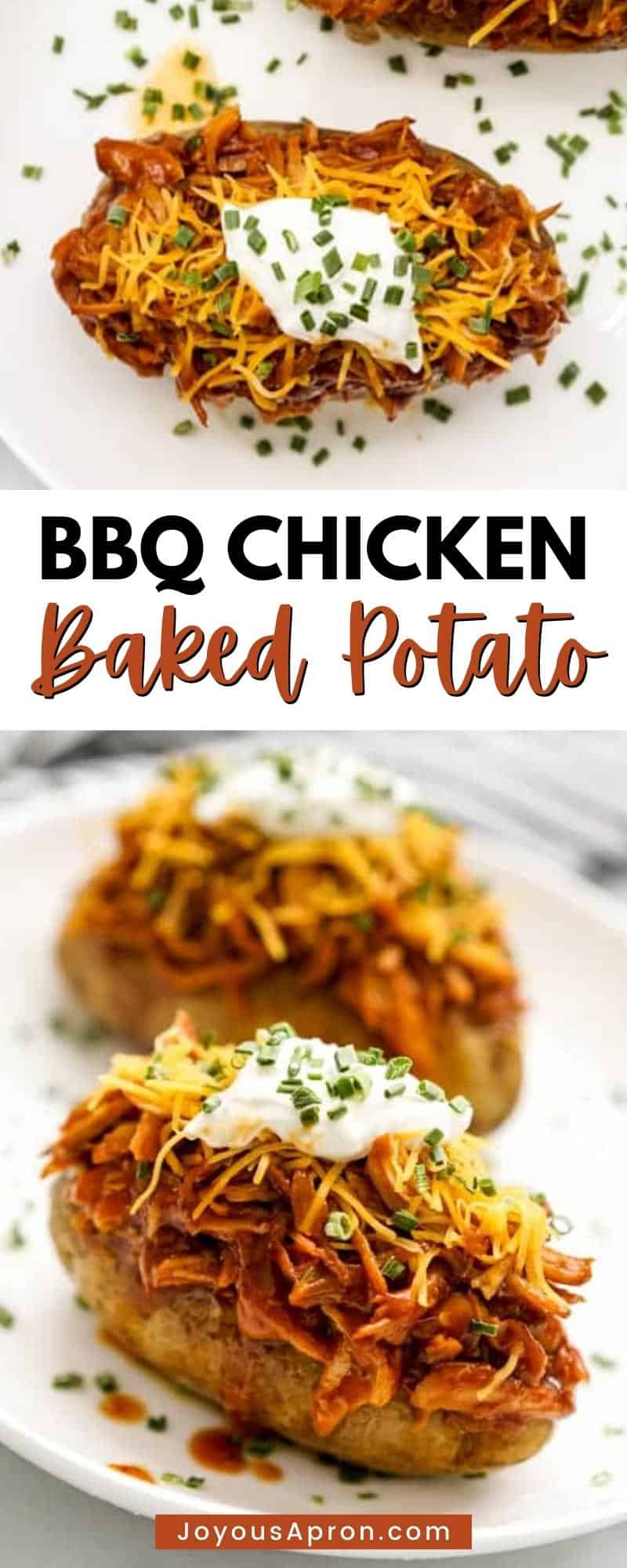 BBQ Chicken Baked Potato - Oven baked russet potatoes topped with slow cooker shredded BBQ chicken, cheddar cheese, sour cream and chives. A quick and easy lunch or dinner! Great for meal prep as well. via @joyousapron