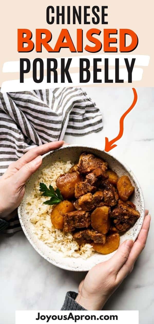 Braised Pork Belly - A classic Asian and Chinese dish. Lean pork belly and potatoes slow cooked in a savory sweet soy based herb sauce until tender. Served with rice for the ultimate comfort food meal! via @joyousapron