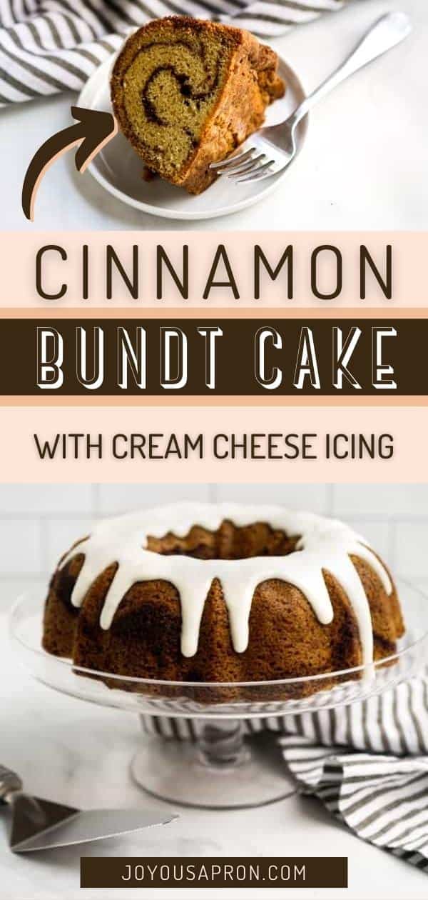 Cinnamon Bundt Cake - Delicious sour cream coffee cake recipe perfect for breakfast or dessert! Moist and soft on the inside and filled with brown sugar cinnamon swirls, crusty on the outside, and topped with cream cheese icing. via @joyousapron