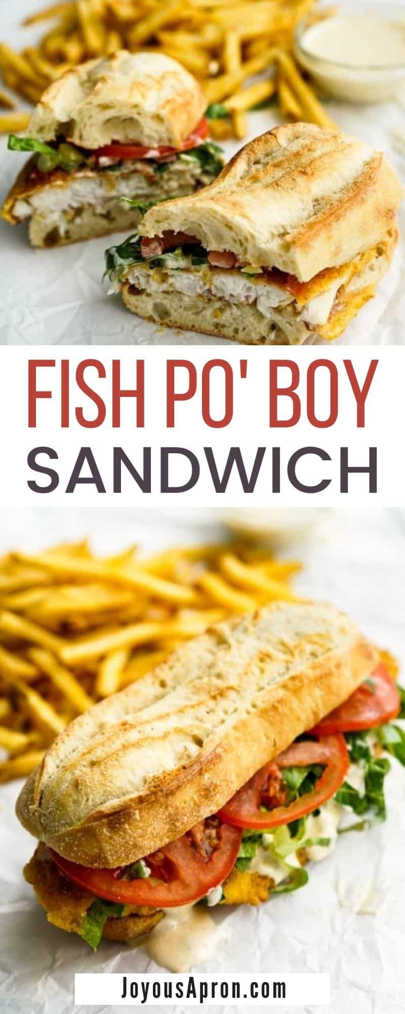 Fish Po' Bo - easy New Orlean's cajun and creole sandwich recipe! Crusty baguette loaded with fried breaded catfish, lettuce, tomatoes and an irresistible homemade remoulade. The perfect easy lunch or dinner! via @joyousapron