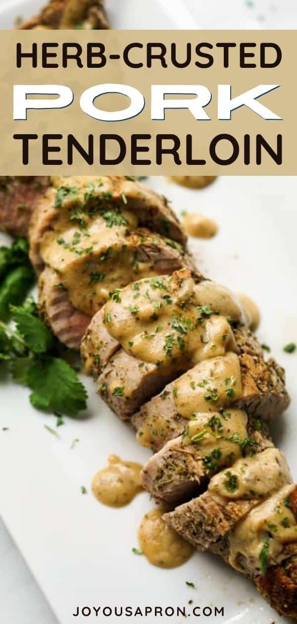 Pork Tenderloin - herb crusted pork tenderloin dish with homemade gravy. Easy and delicious oven baked pork recipe that is juicy and tender, and seasoned with herbs and spices. Perfect for dinner parties and holidays. via @joyousapron