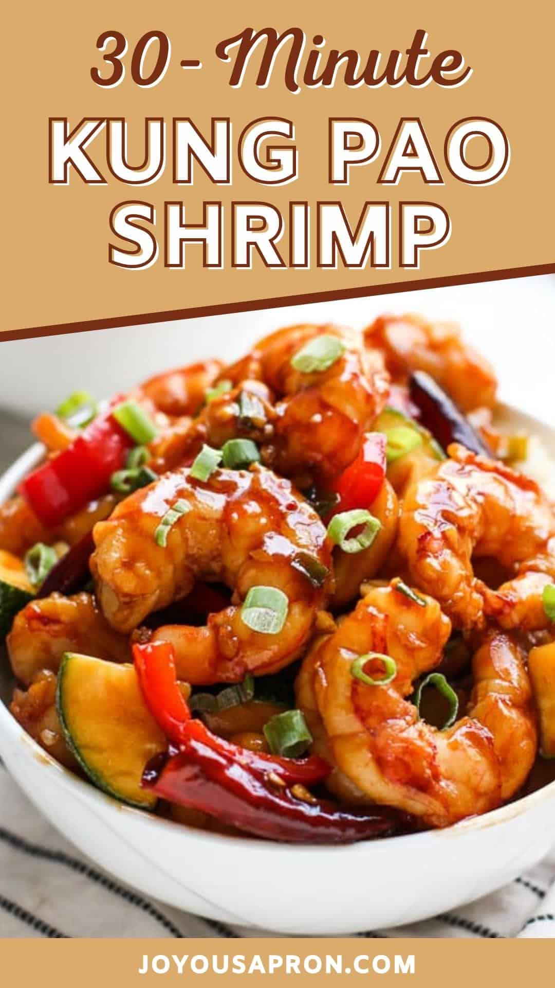 Kung Pao Shrimp - easy, healthy and delicious Asian seafood dish! Delicious shrimp stir fry dish tossed in a homemade Kung Pao sauce, combined with yummy veggies. Sooo much yummier and healthier than Chinese takeout! via @joyousapron