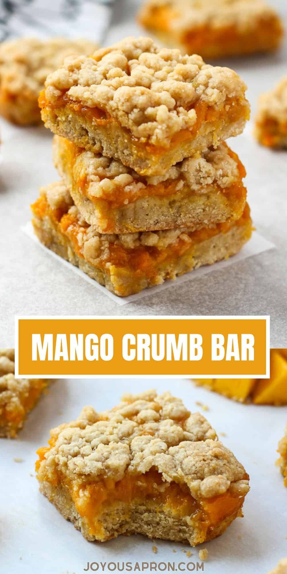 Mango Crumb Bars - Fresh, sweet, juicy mango dessert! Mango mixture sandwiched between two layers of crumbly, buttery pastry. These fruity bars are the perfect summer dessert, snack, or breakfast! via @joyousapron